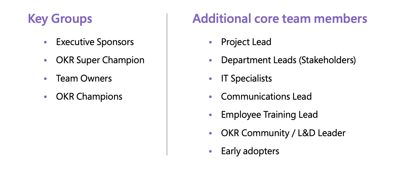 Picture of a table showing O K R key stakeholders.