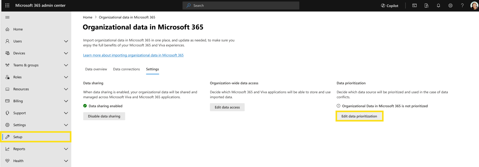 Screenshot that shows how to prioritize organizational data on the Settings page.