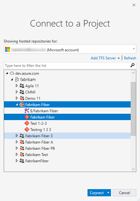 Screenshot of Connect to a Project dialog