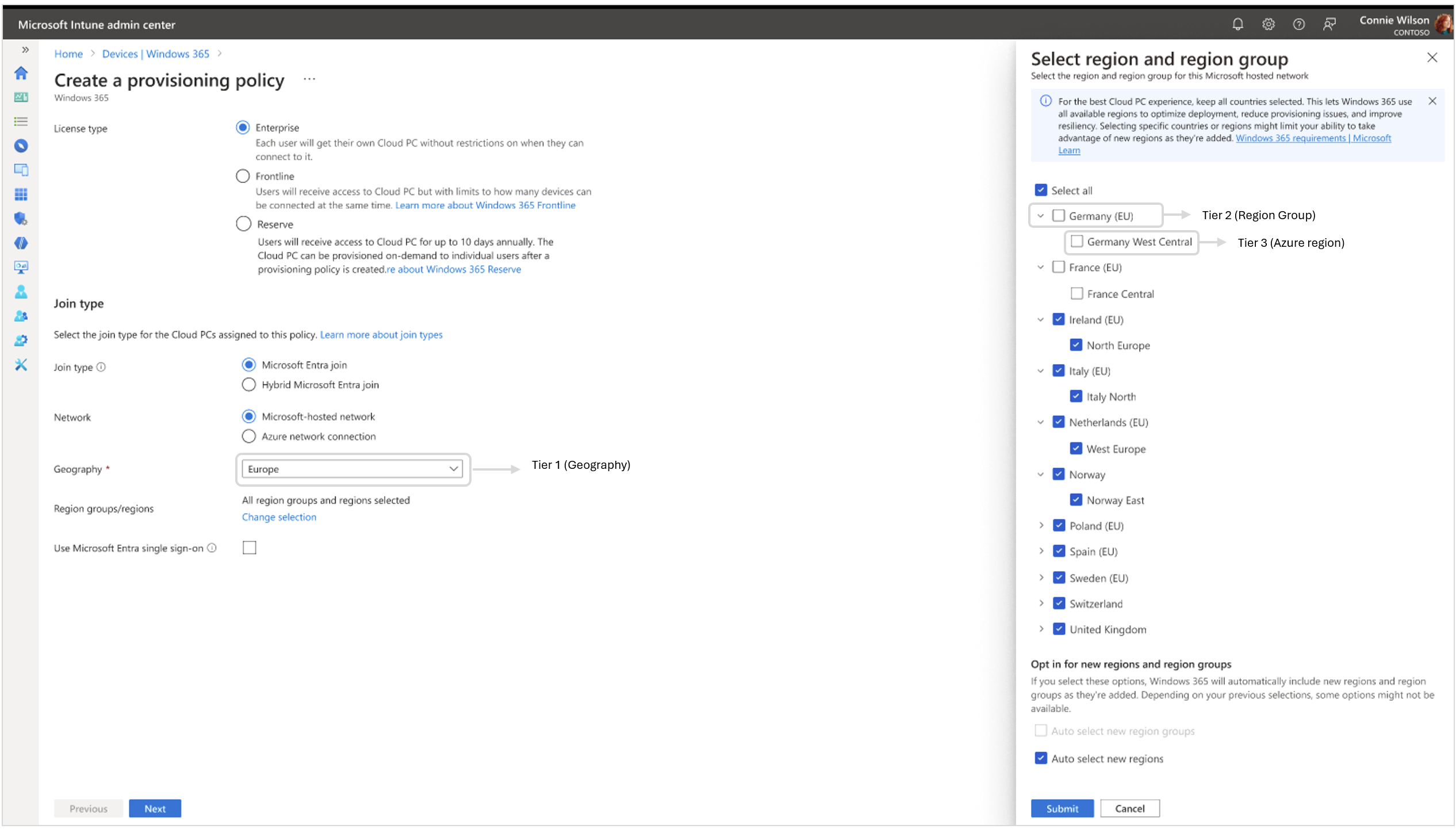 Screenshot of Intune portal showing the region and region group options during the creation of a provision policy.