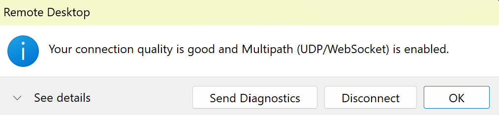 A screenshot of connection information showing that RDP Multipath is enabled.