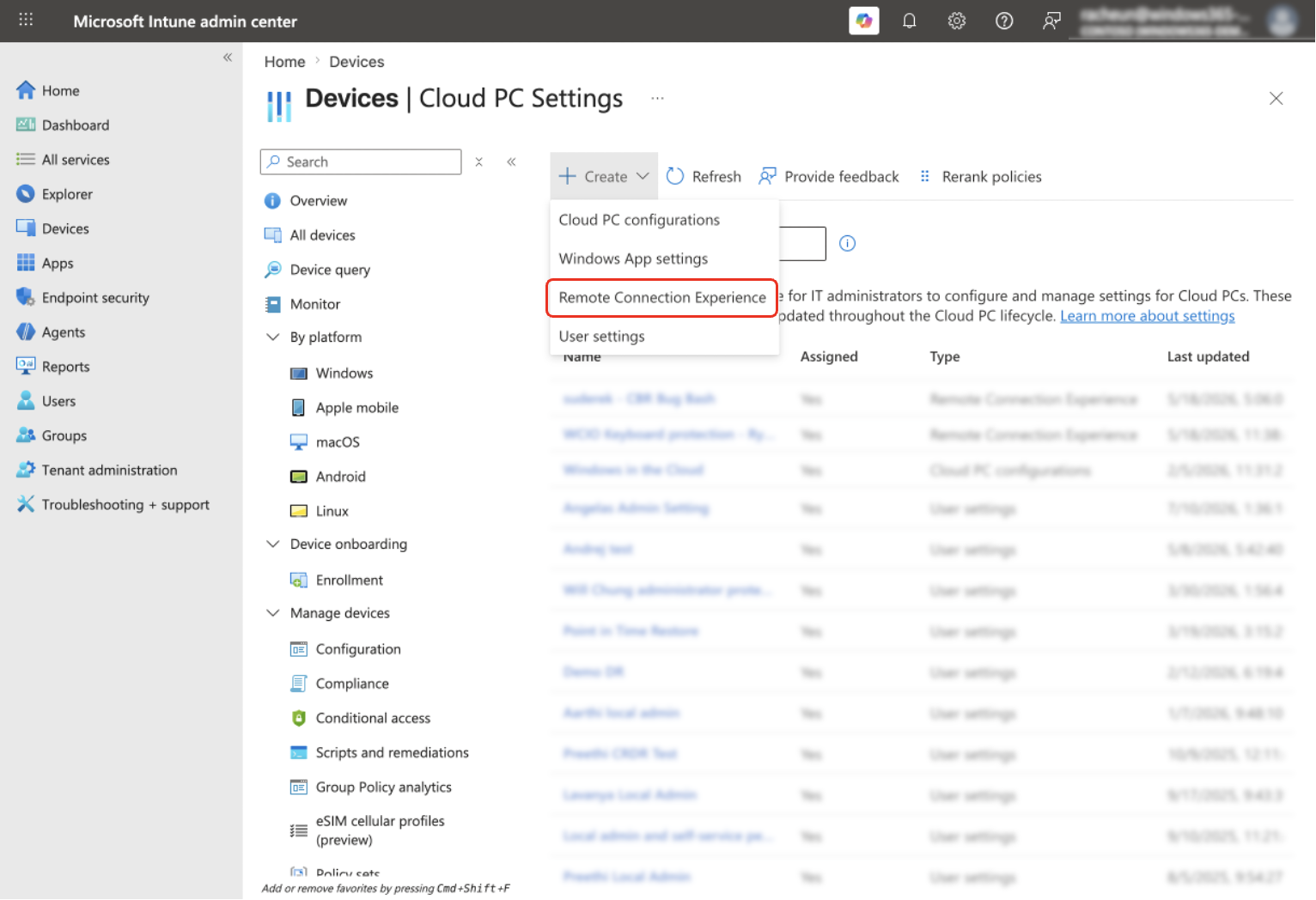 Screenshot that shows Remote connection experience in Intune.