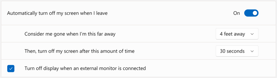 Screenshot showing example of settings for lock on leave in Windows 11 22H2 and later.