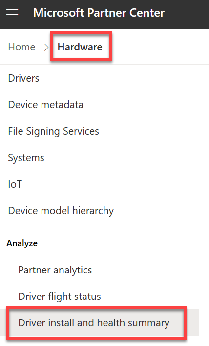 Screenshot of the Partner Center navigation showing the Driver Summary Install Report