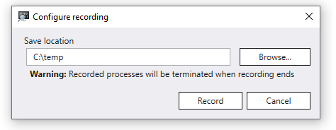 Screenshot of WinDbg displaying the Configure Recording dialog with the path set to c: temp.