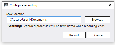 Screenshot of Configure Recording dialog with Browse button and file path displayed.