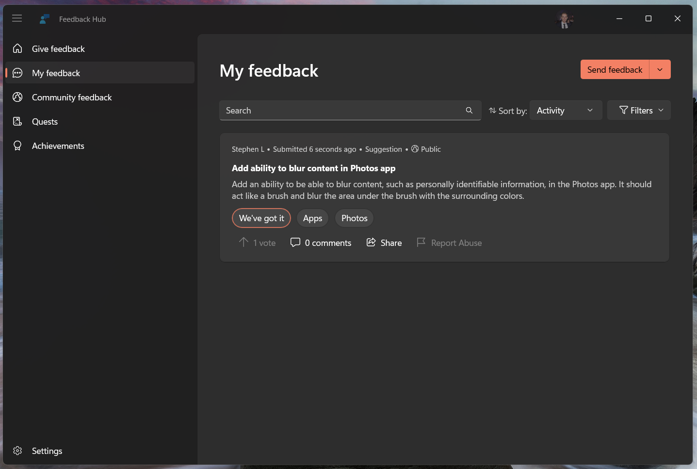 The My feedback section in Feedback Hub.