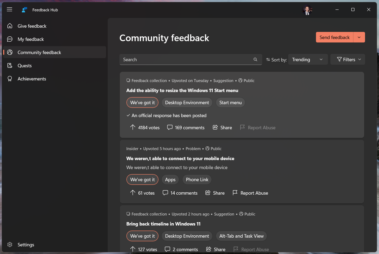 The Community feedback section in Feedback Hub.