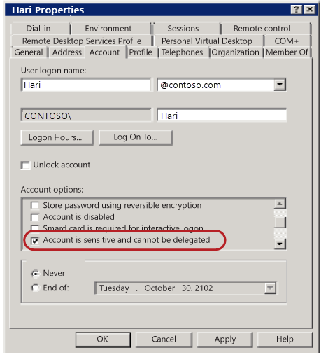 Screenshot of the Active Directory account properties window. The "Account is sensitive and cannot be delegated" checkbox is selected.