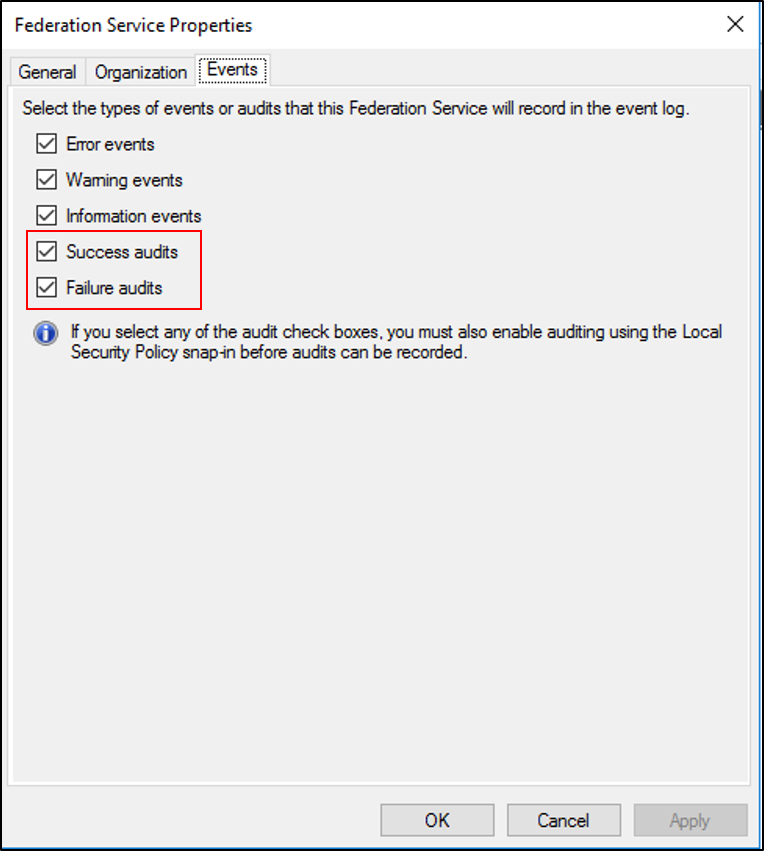 Screenshot of the Events tab of the Federation Service Properties dialog box showing that the Success audits and Failure audits options are selected.