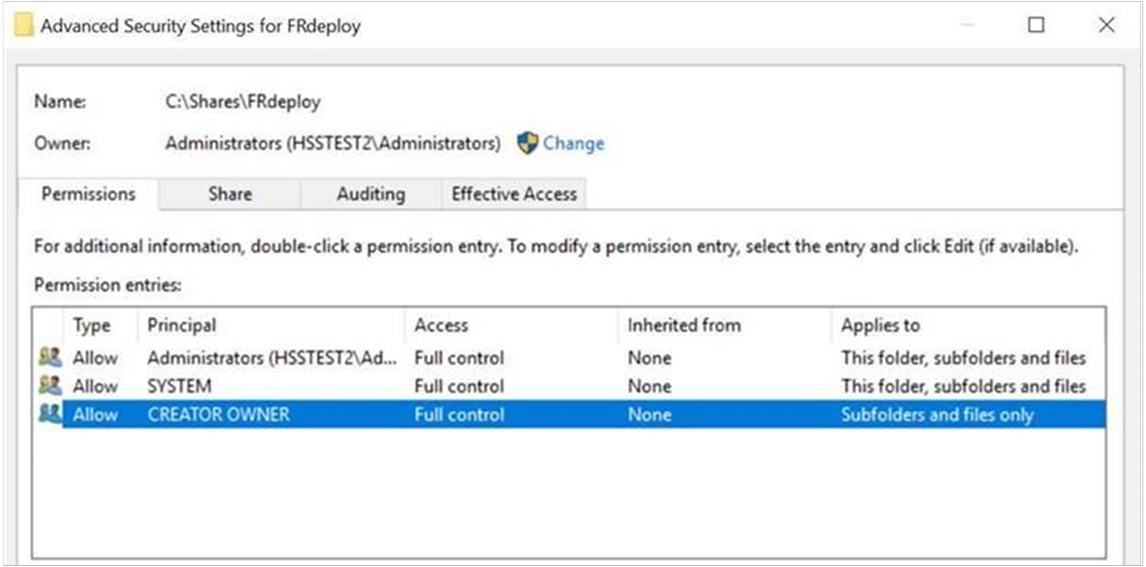 Screenshot of the advanced permissions page showing the permissions configuration for the colocated server configuration.