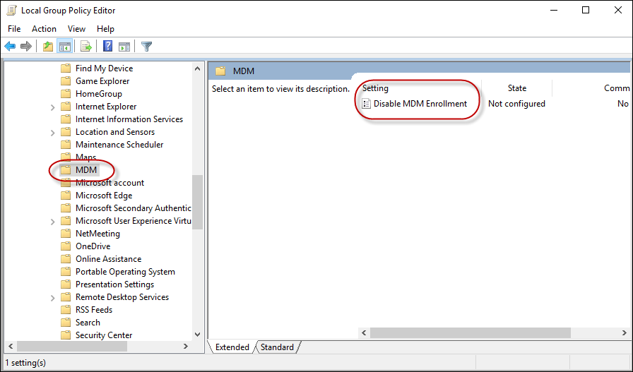 Disable MDM enrollment policy in GP Editor.