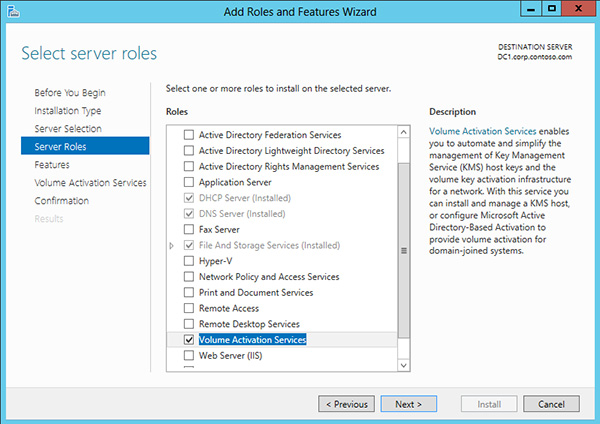 Adding the Volume Activation Services role.