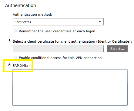 Screenshot showing EAP XML configuration in Intune profile.