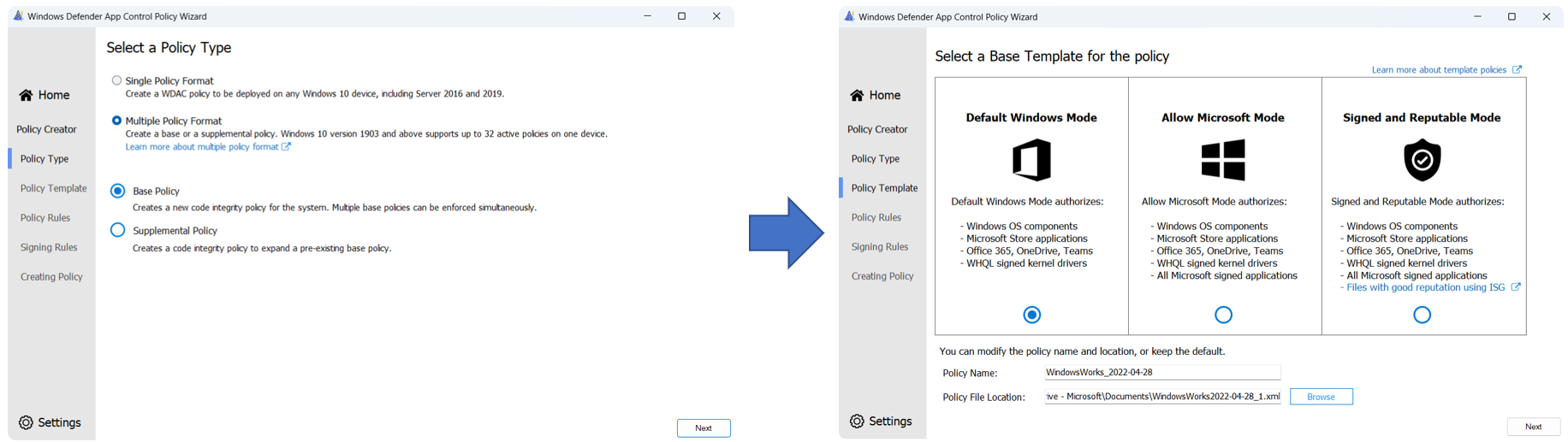 Configuring the policy base and template.