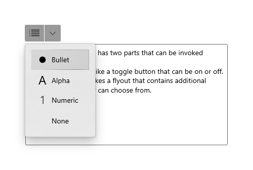 A toggle split button for selecting list styles