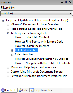 screen shot of contents, index and favorites tabs