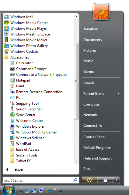 screen shot of windows start menu and search box