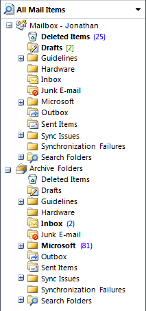 screen shot of outlook items with different icons