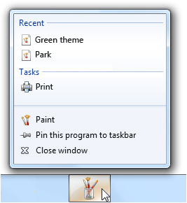 screen shot of jump list with print task