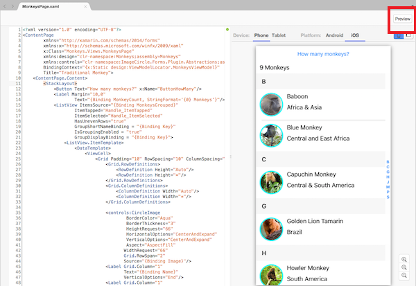 Xamarin.Forms Previewer enabled with the preview or split button