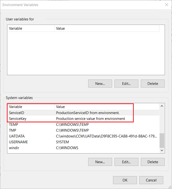 Screenshot che mostra l'editor variabili ambientali con le variabili ServiceID e ServiceKey evidenziate.