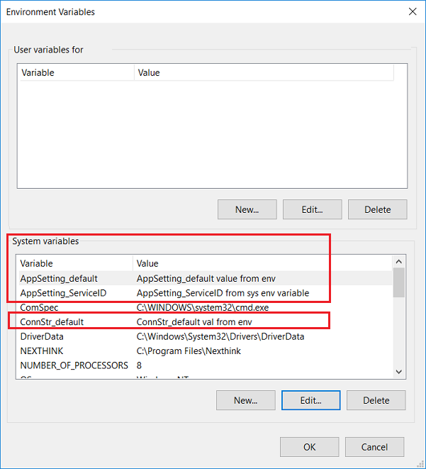 Screenshot che mostra l'editor variabili di ambiente con le variabili di AppSetting_default, AppSetting_ServiceID e ConnStr_default evidenziate.
