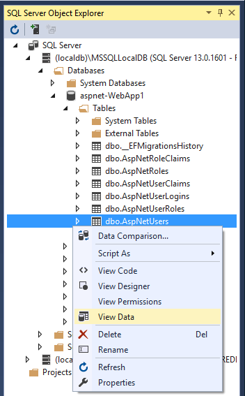 Menu contestuale nella tabella AspNetUsers in Esplora oggetti di SQL Server