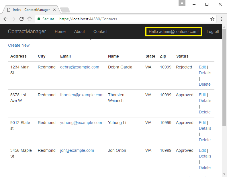 Screenshot che mostra admin@contoso.com l'accesso