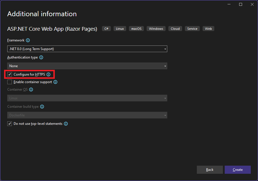 Finestra di dialogo per informazioni aggiuntive del nuovo modello di app Web ASP.NET Core, mostrando la casella di controllo Configura per HTTPS