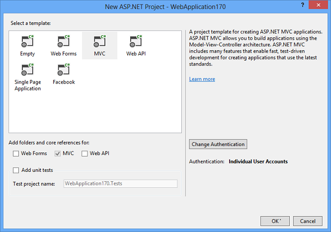 Finestra del nuovo progetto ASP Dot Net