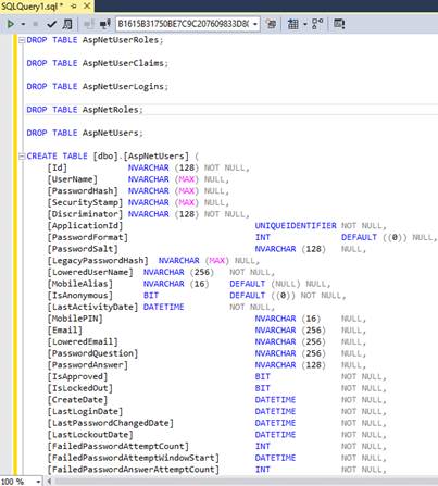 Screenshot della finestra della query per copiare e incollare l'intero script S Q L.