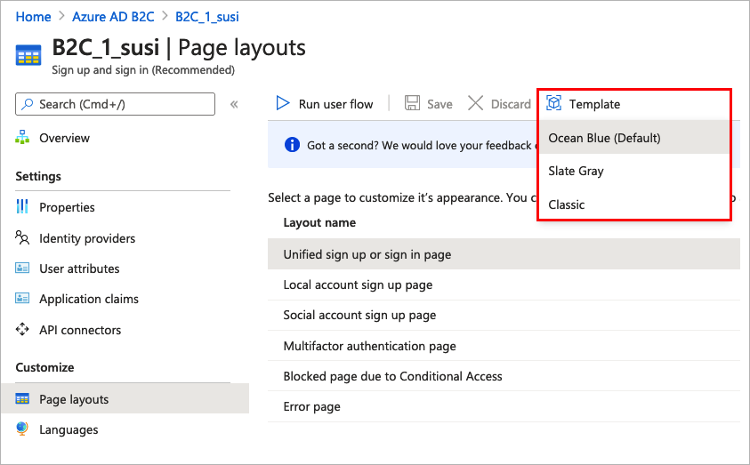 Menu a tendina per la selezione di template in pagina del flusso utente del portale di Azure