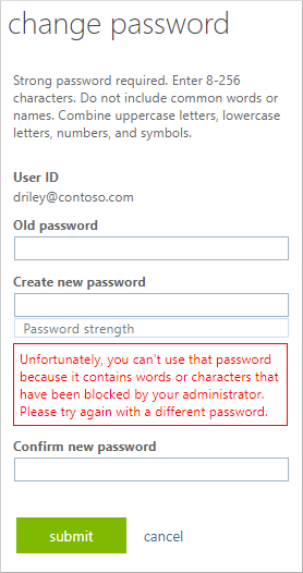 Messaggio di errore visualizzato quando si tenta di usare una password che fa parte dell'elenco personalizzato di password escluse