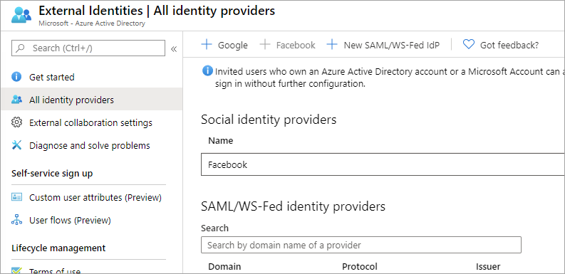 Screenshot che mostra la pagina dei provider di identità.