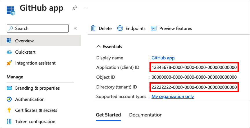 Screenshot che illustra come copiare l'ID applicazione e l'ID tenant dal portale dell'amministrazione di Microsoft Entra.