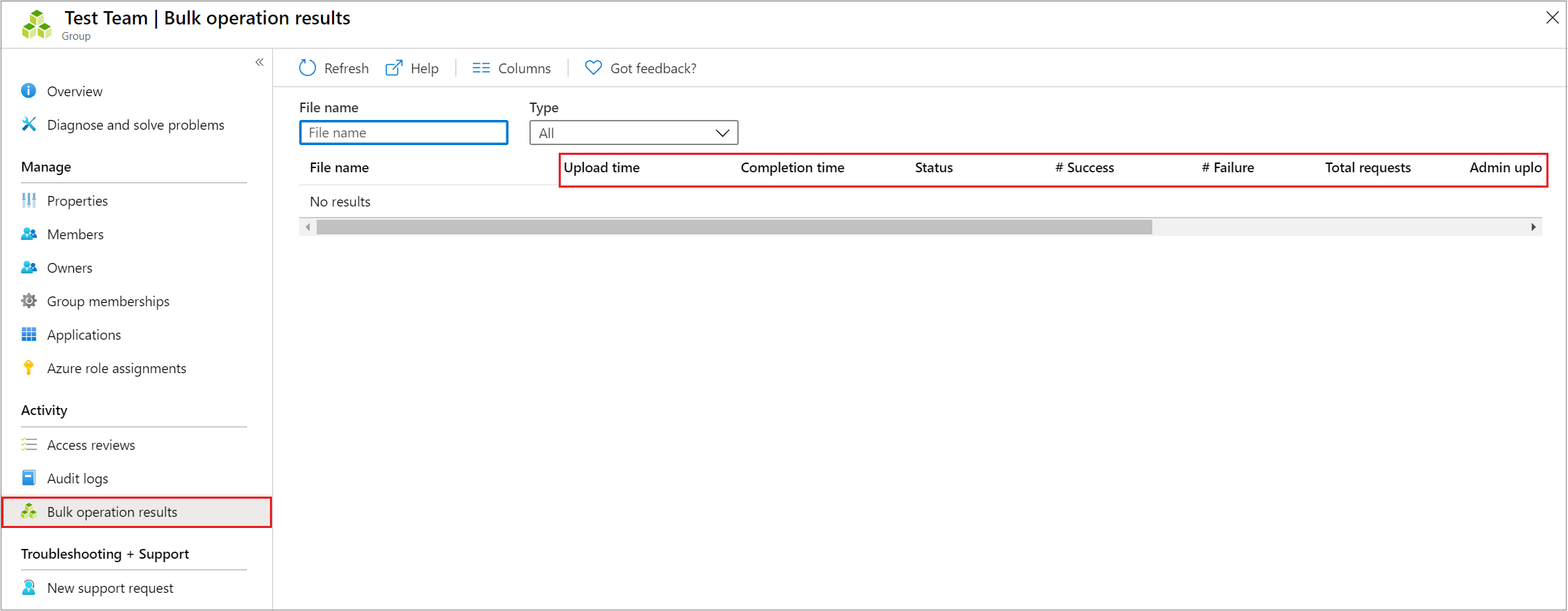 Screenshot che mostra l'opzione Controlla stato nella pagina Risultati dell'operazione in blocco.