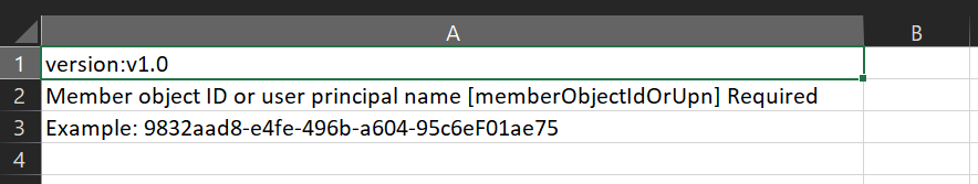 Screenshot che mostra il file CSV che contiene nomi e ID dei membri da importare.
