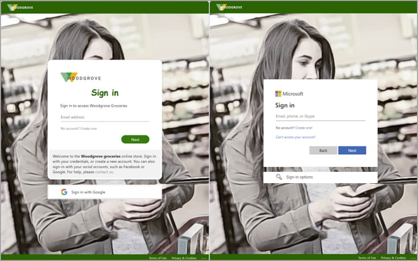 Screenshot che illustrano un confronto tra l'esperienza di accesso personalizzata e l'esperienza di accesso predefinita.