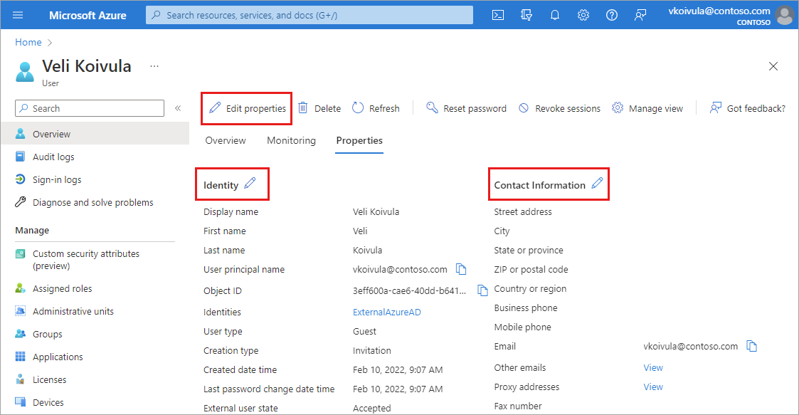 Screenshot della scheda Proprietà con le opzioni di modifica evidenziate.