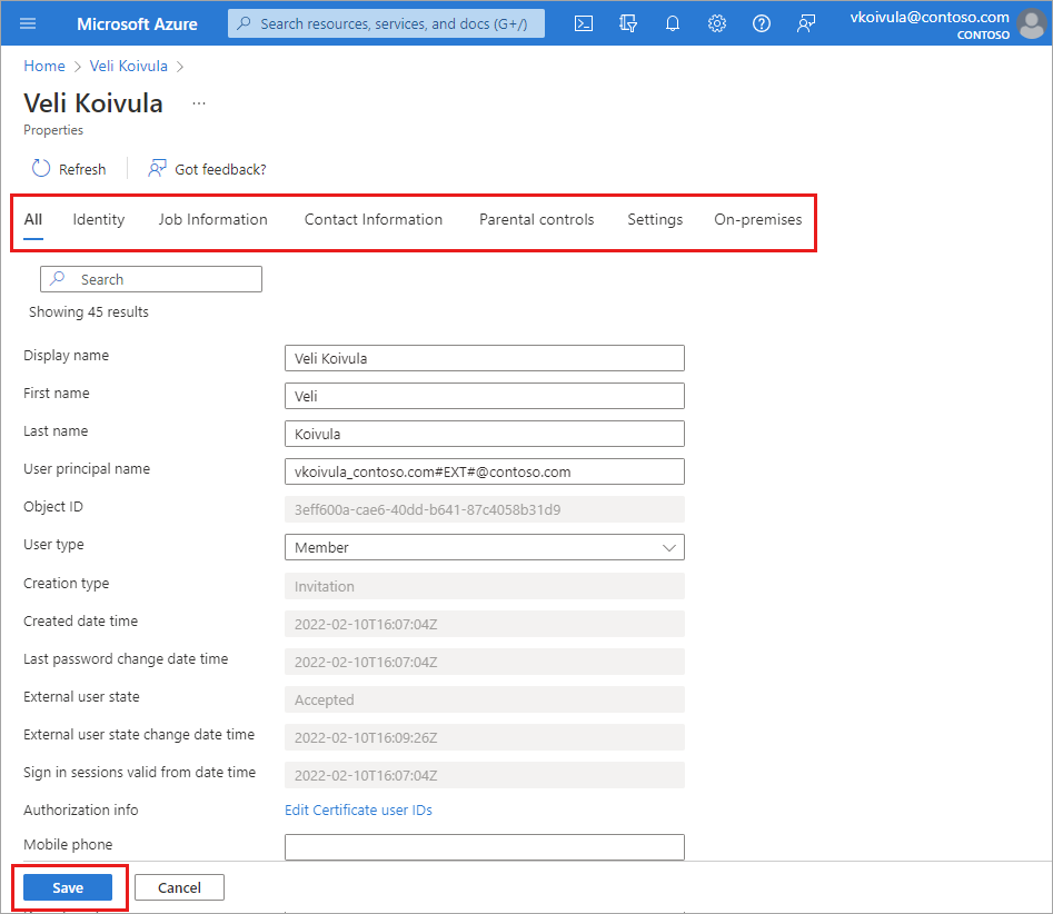 Screenshot dei dettagli di un utente selezionato, con le categorie di dettaglio e il pulsante Salva evidenziato.
