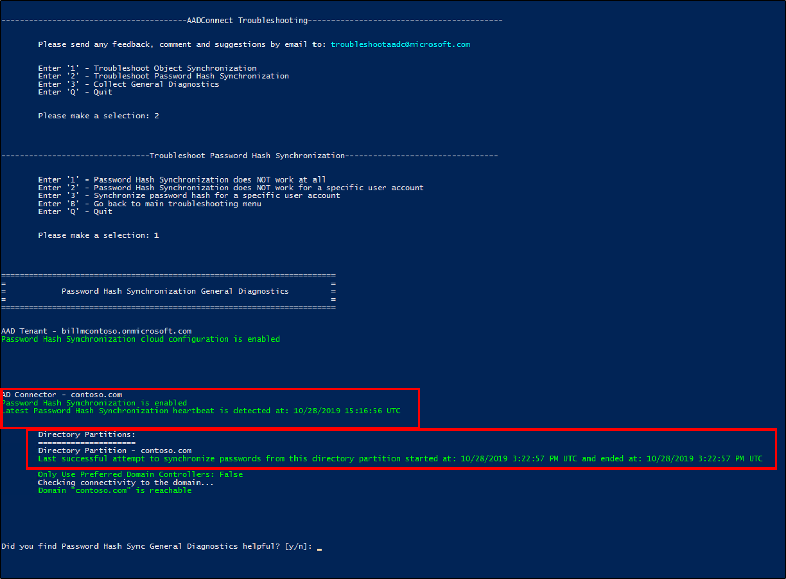 Screenshot del log di risoluzione dei problemi di Microsoft Entra Connect