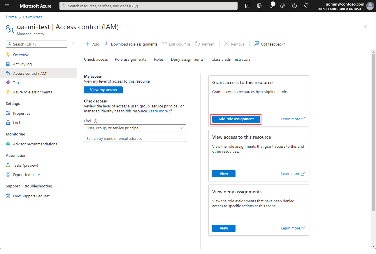 Screenshot che mostra la schermata di controllo dell'accesso all'identità gestita assegnata dall'utente.