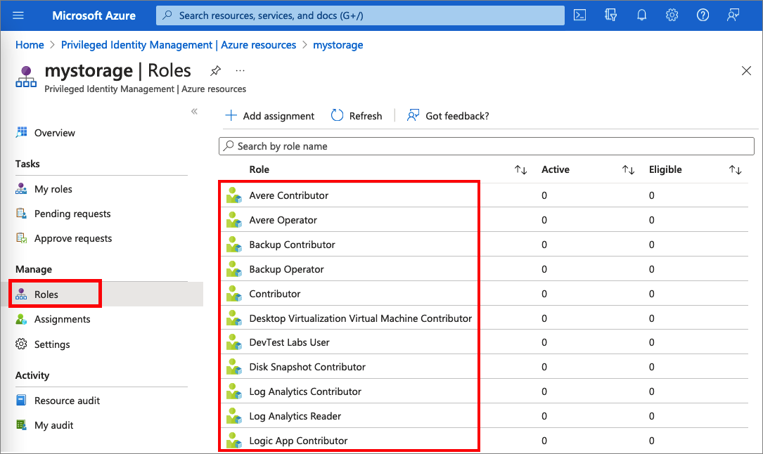 Screenshot che mostra i ruoli di un account di archiviazione di Azure.
