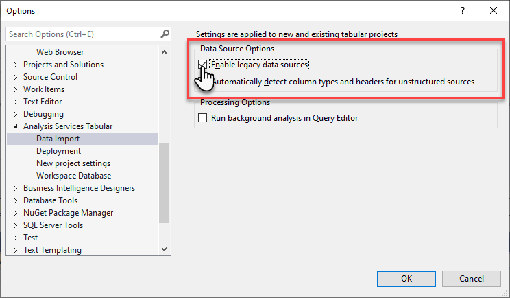 Screenshot dell'opzione Abilita origini dati legacy.
