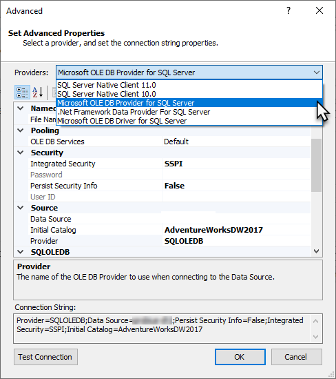 Screenshot delle proprietà avanzate delle origini dati legacy.