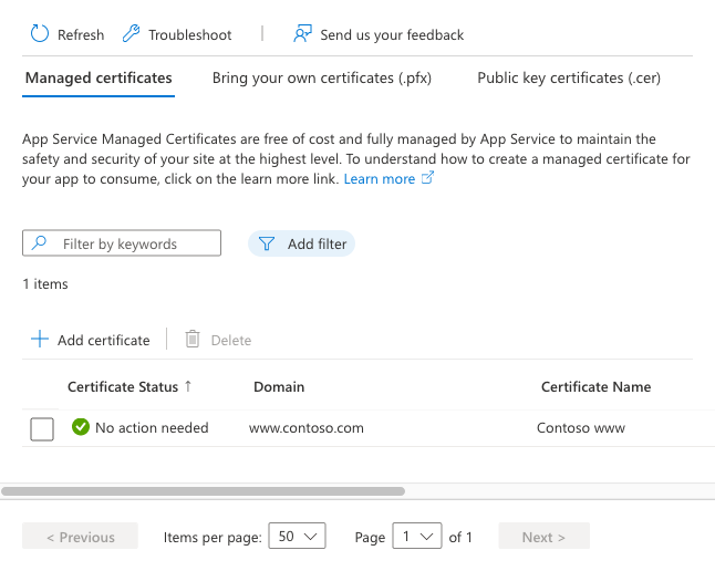 Screenshot che mostra il riquadro Certificati gestiti con il nuovo certificato elencato.