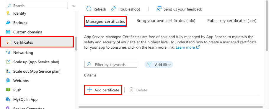 Screenshot che mostra il riquadro dell'app con Certificati, Certificati gestiti e Aggiungi certificato selezionato.