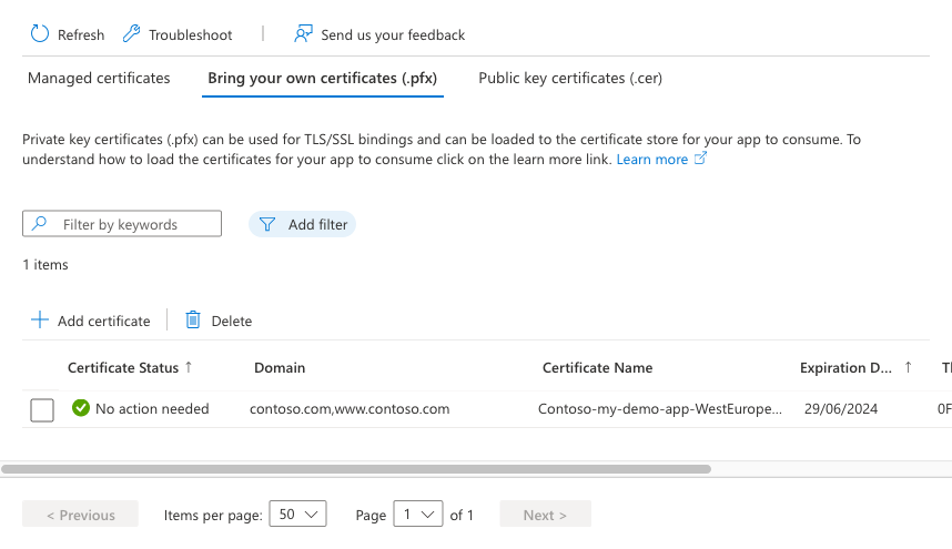 Screenshot che mostra il riquadro Bring your own certificates (.pfx) con il certificato acquistato elencato.