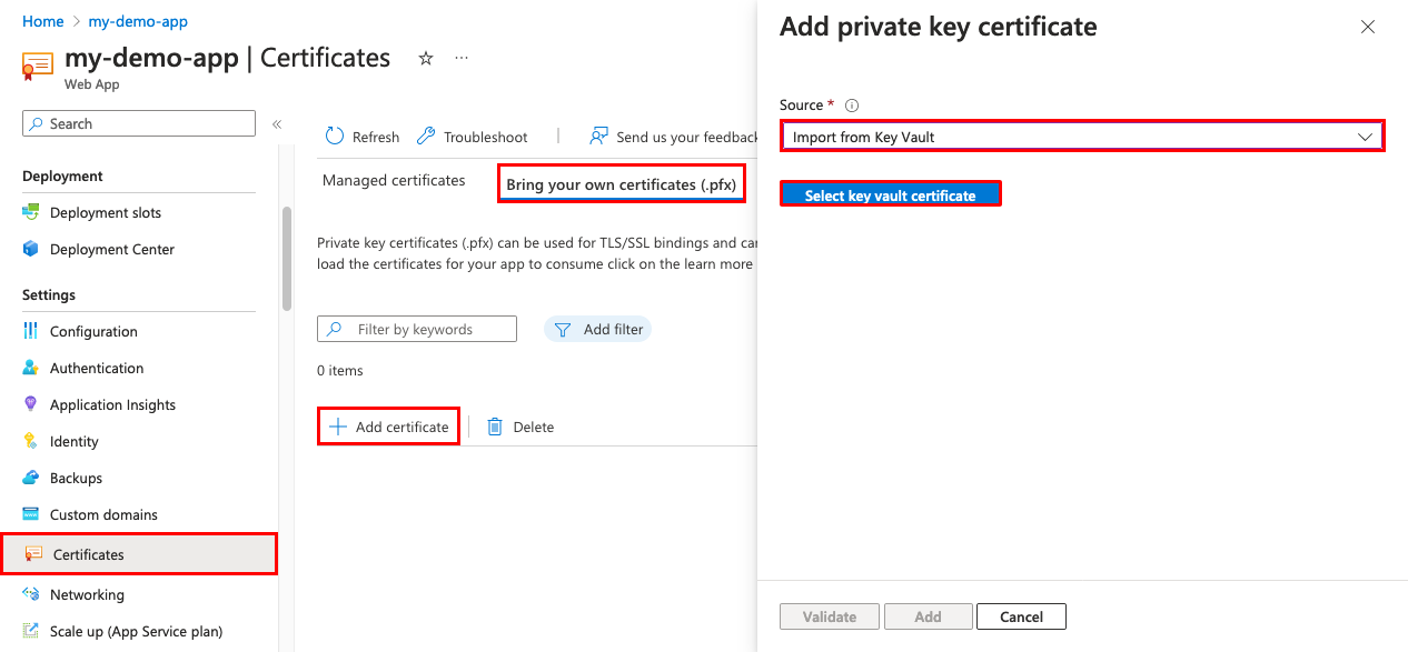 Screenshot che mostra la pagina di gestione delle app con Certificati, Porta i tuoi certificati (.pfx) e Importa da Key Vault selezionata.